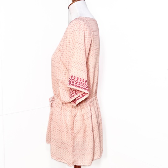 Anthropologie Embroidered Coral Peach Pastel Tie Waist Short Sleeve Kimono Top - Picture 6 of 11